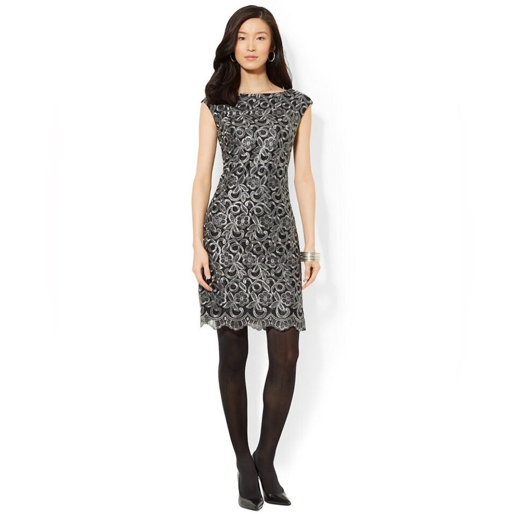 Lauren Ralph Lauren Metallic Embroidered Floral Cap Sleeve Sheath Dress